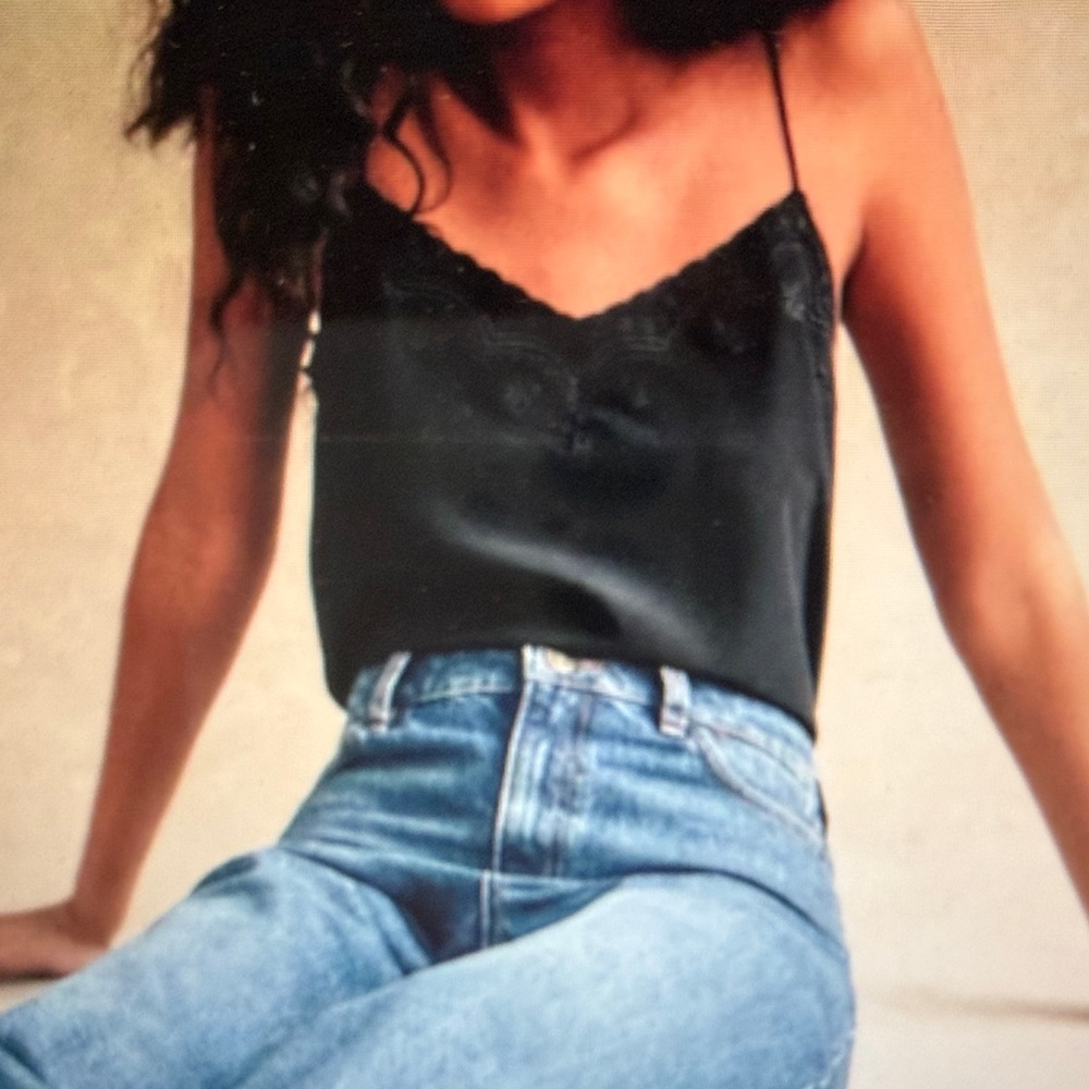 Sezane Palma Top - Black Satin Lace-Trim Camisole (currently on website)